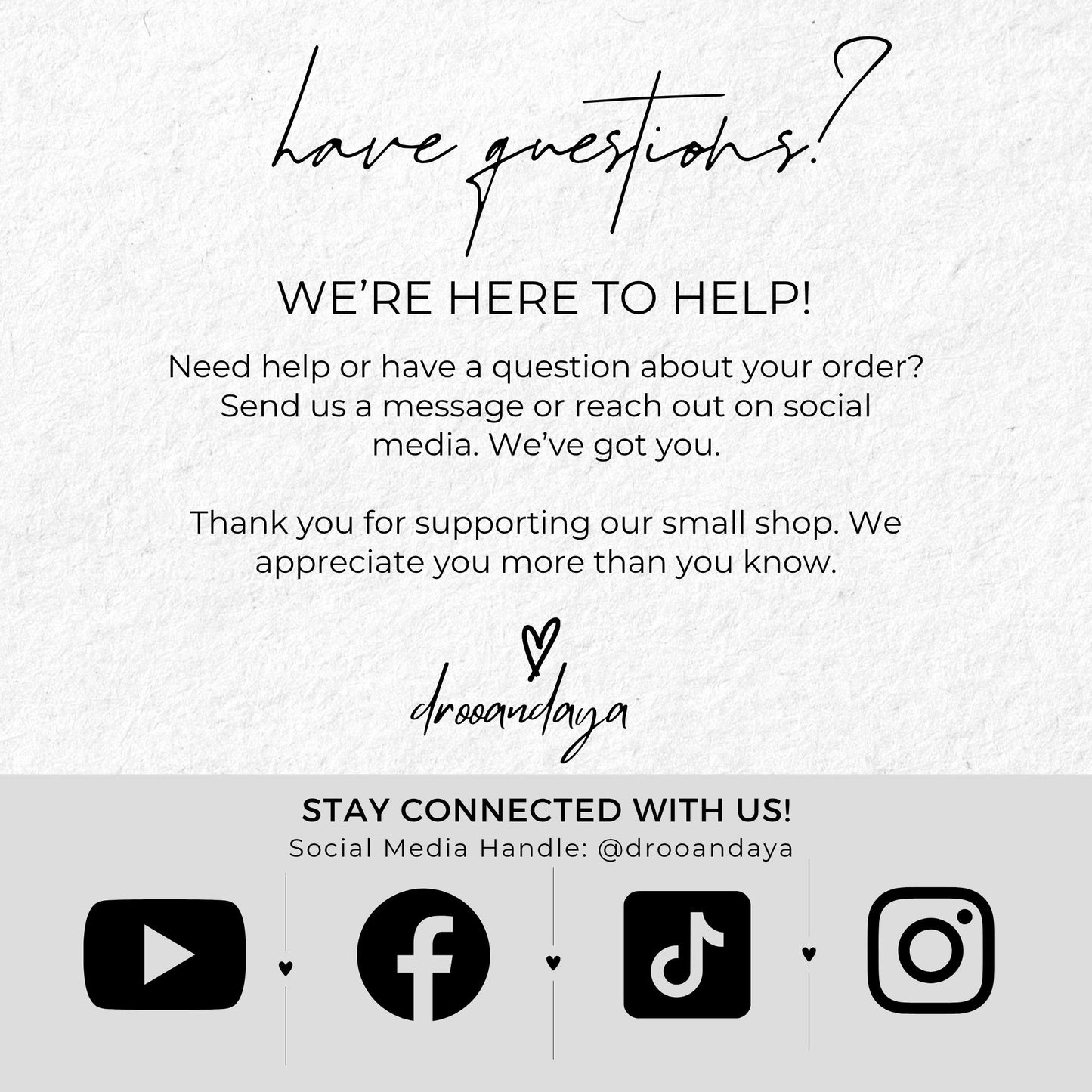 Customer service message with contact information and social media handles on a white background