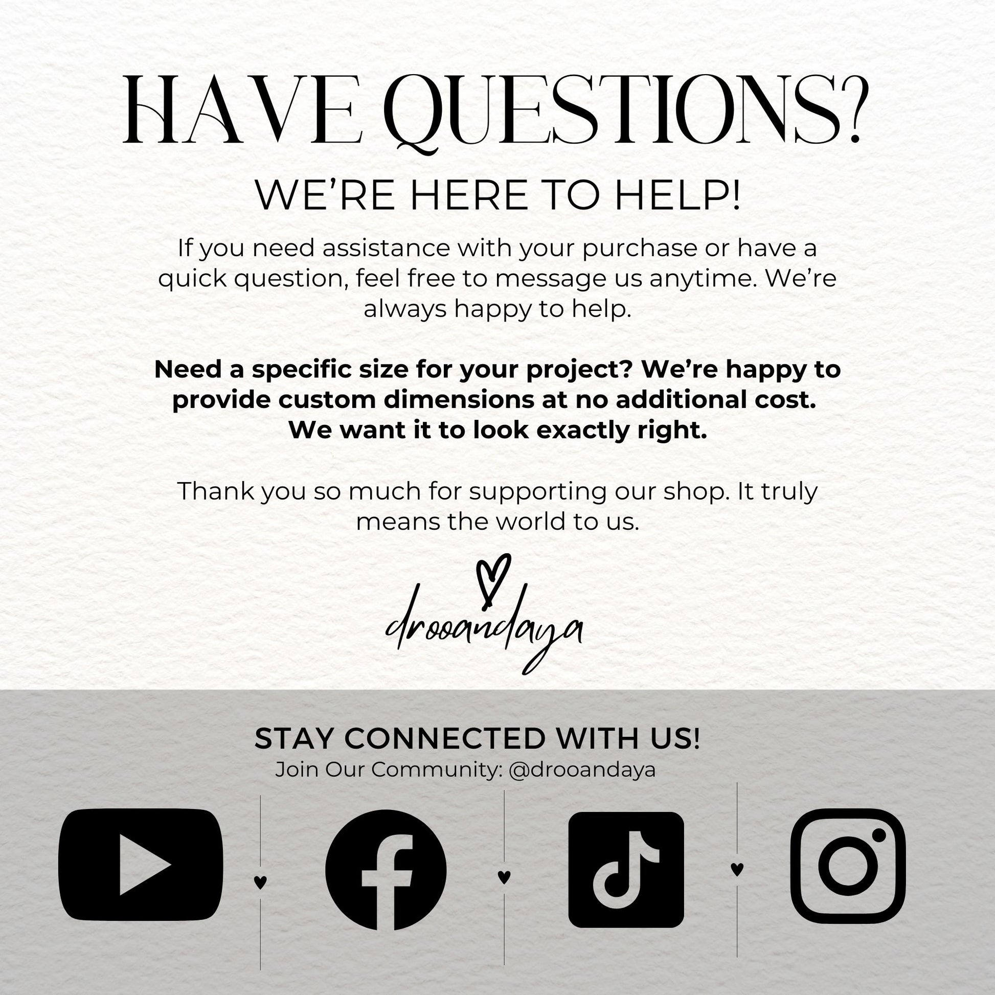 Customer service message with contact information and social media icons on a white background