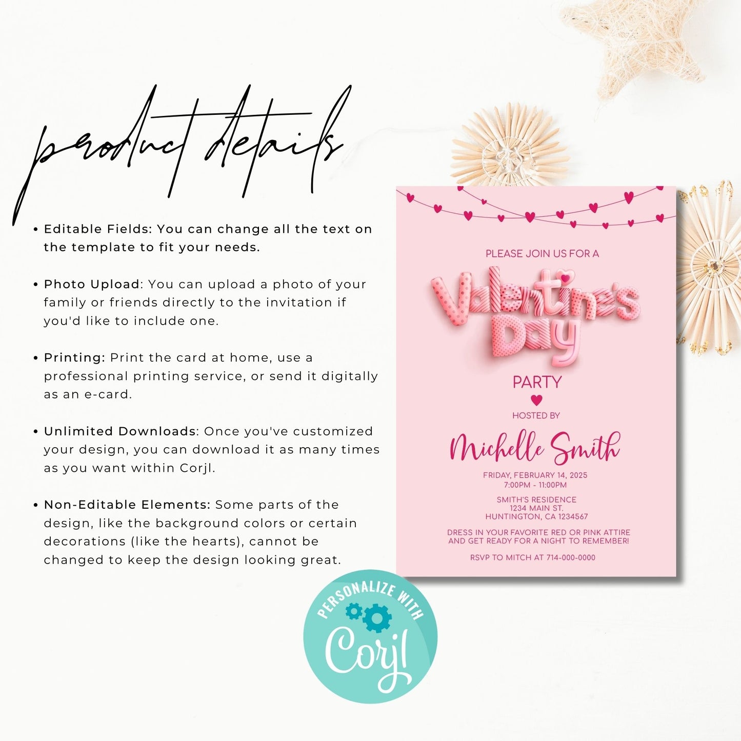 Pink Heart Valentine's Day Party Invitation Template 5x7