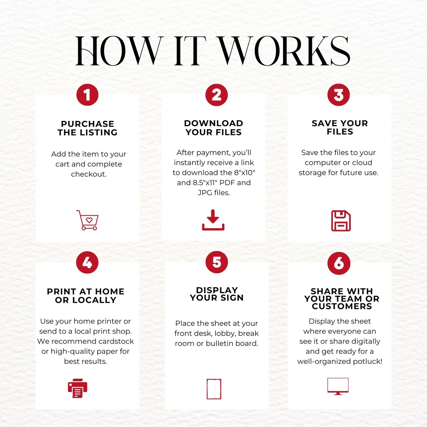 Step-by-step guide on how to use a digital file for printing and displaying, with icons and text on a white background.