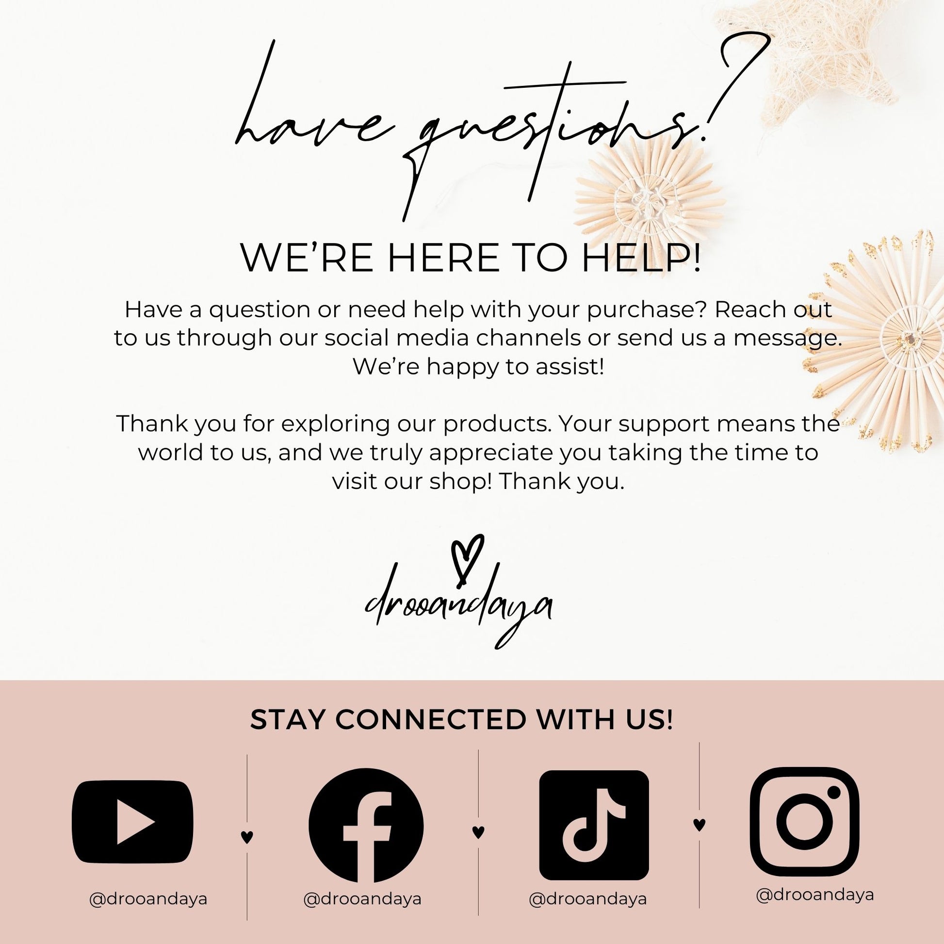 Customer service message with contact information and social media icons on a white background