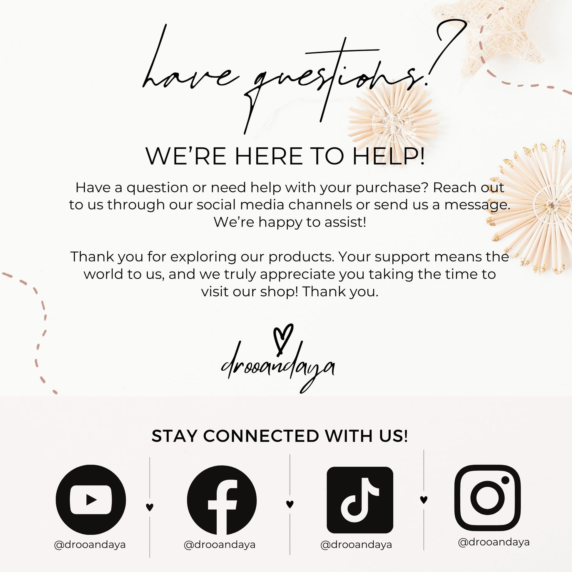 Customer service message with contact information and social media icons on a white background