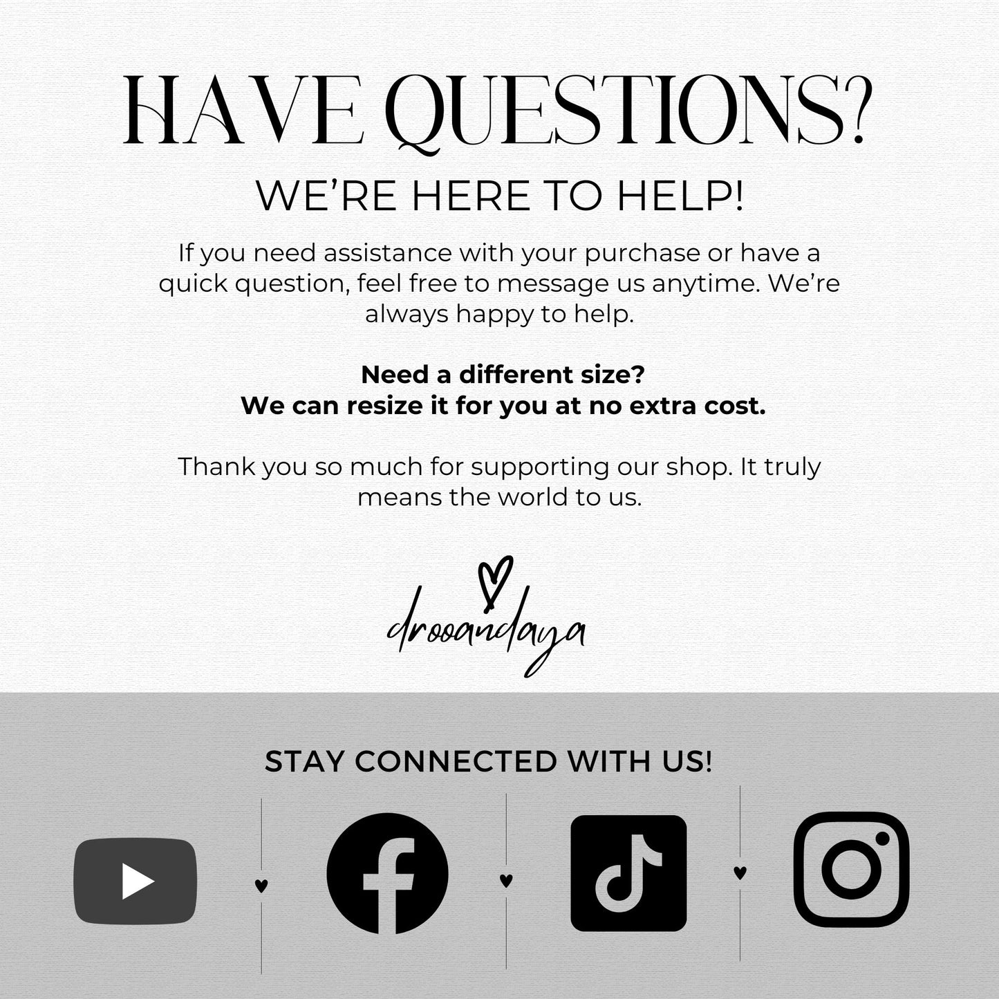 Customer service message with contact information and brand logo on a white background