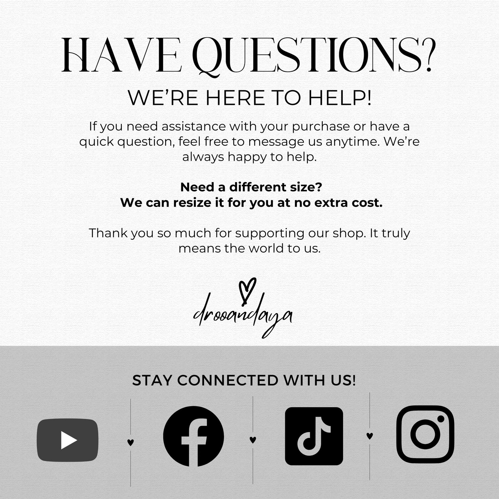 Customer service message with contact information and brand logo on a white background