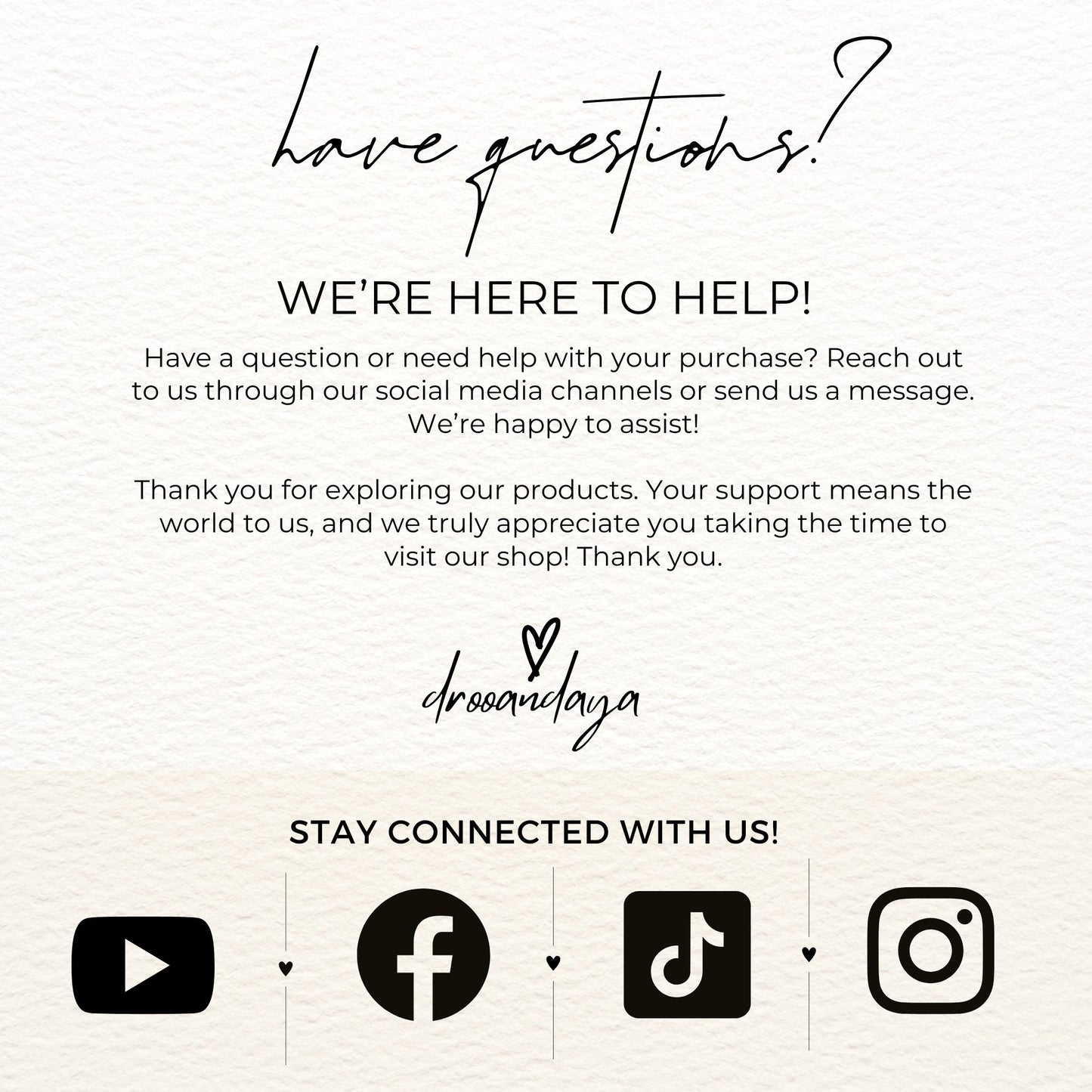 Customer service message with contact information and brand logo on a light background