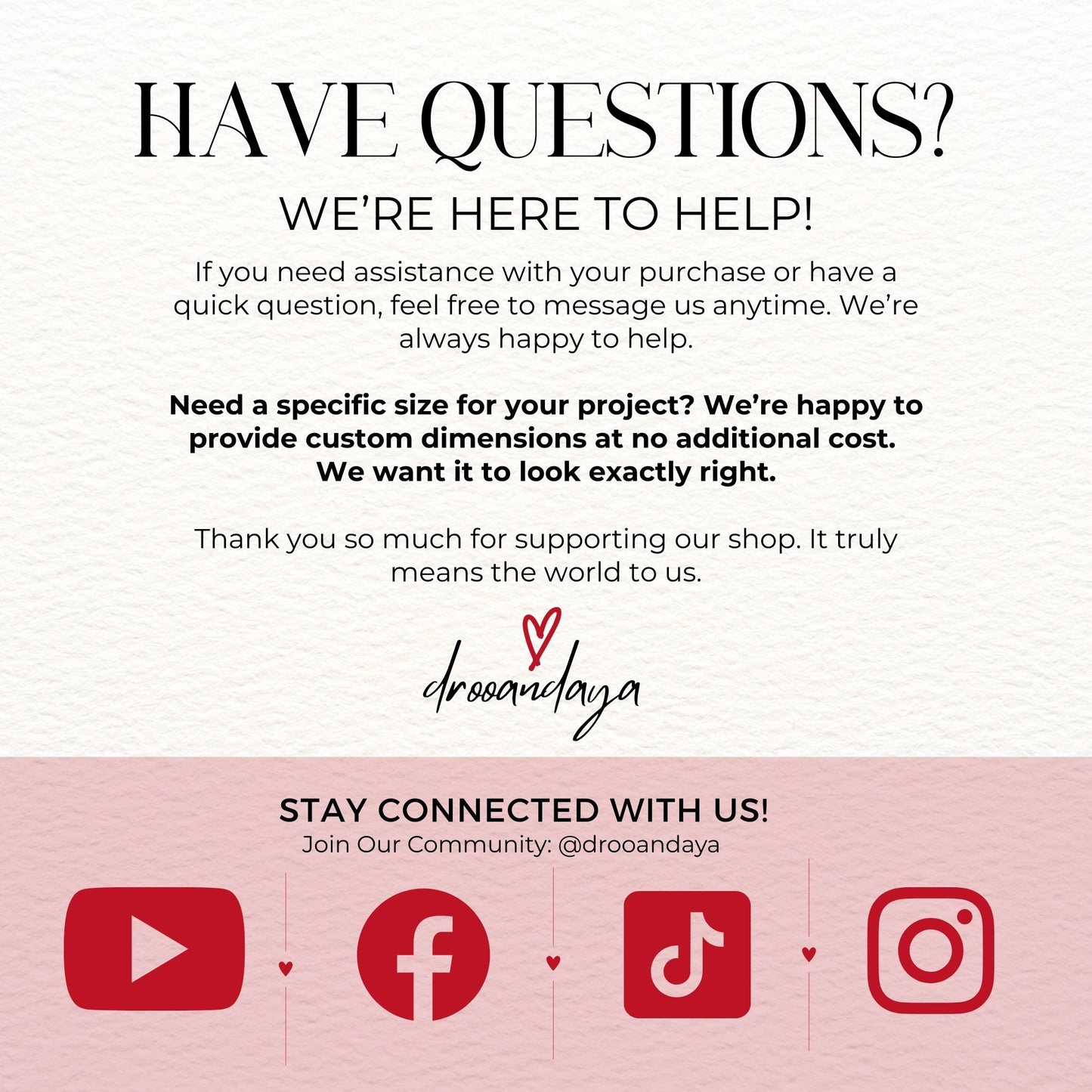 Customer service message with contact information and social media icons on a white background