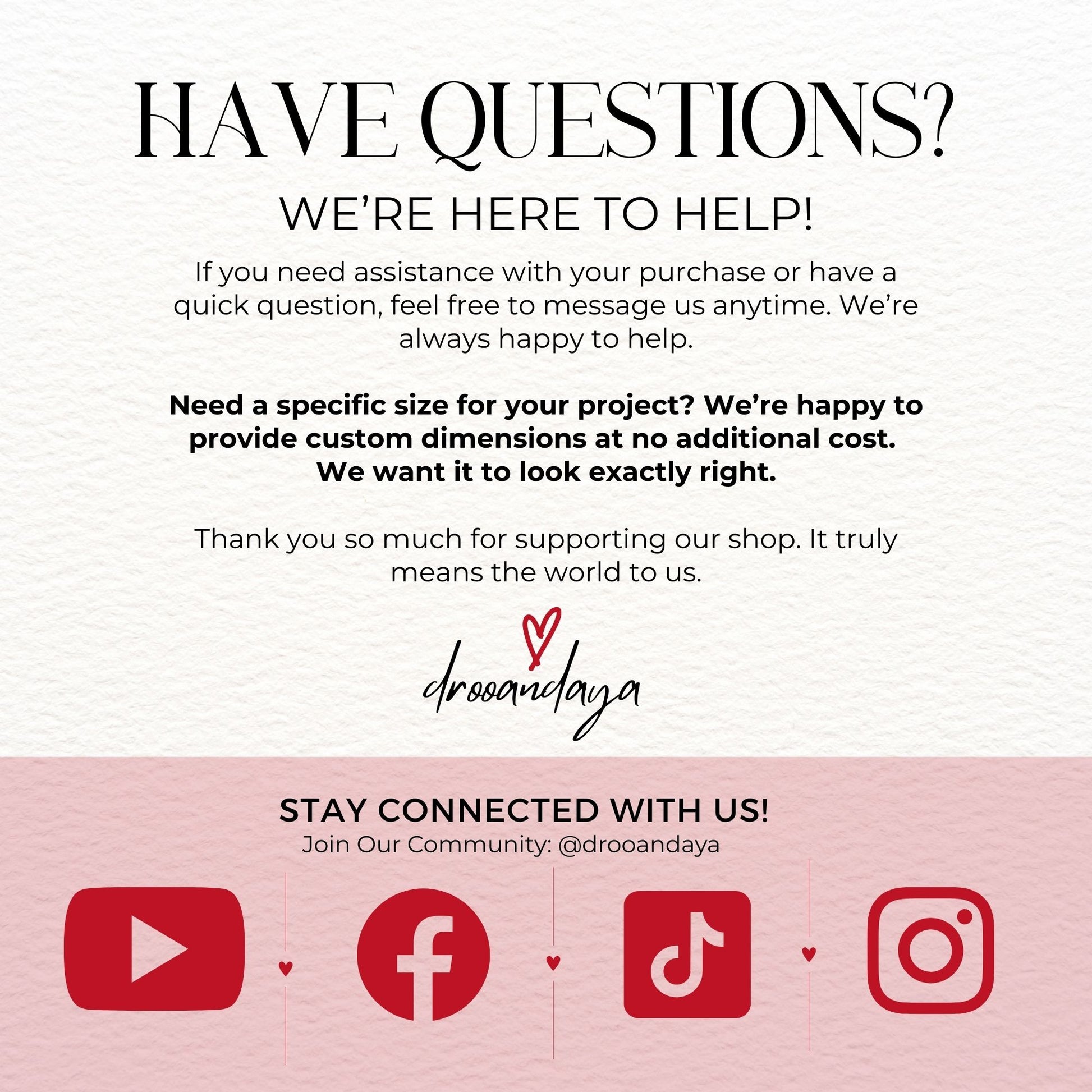 Customer service message with contact information and social media icons on a white background