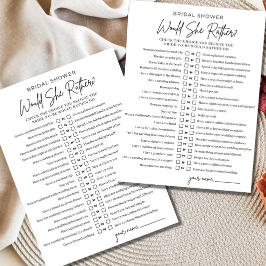 Would She Rather Bridal Shower Game Printable - Minimalist