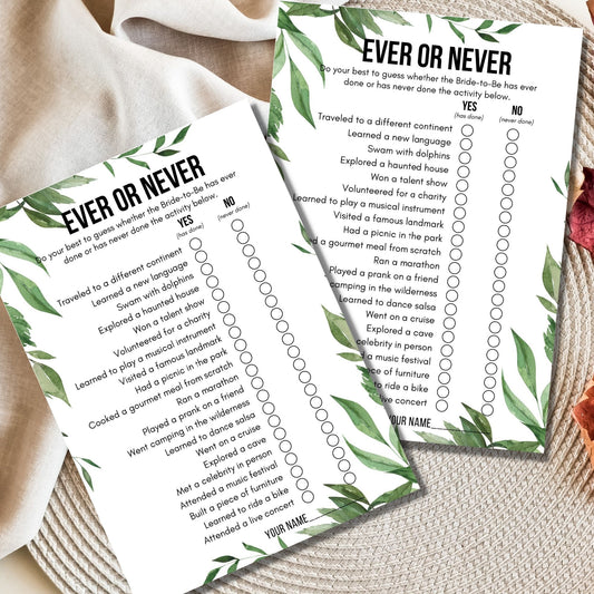 Ever or Never Bridal Shower Game - Greenery