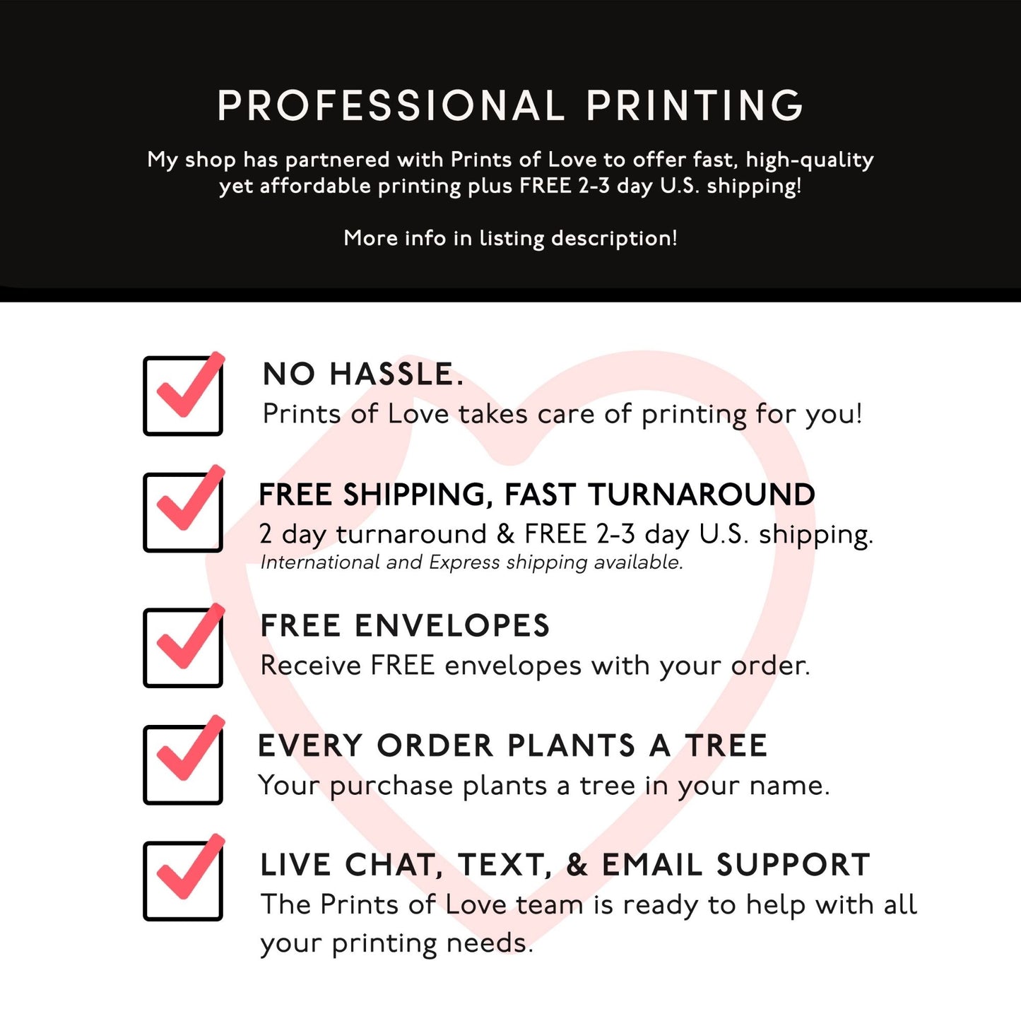 Promotional text about professional printing services with checkmarks and a heart symbol.