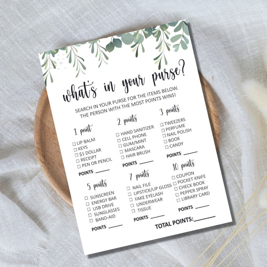 What's In Your Purse Bridal Shower Game Printable - Eucalyptus Theme