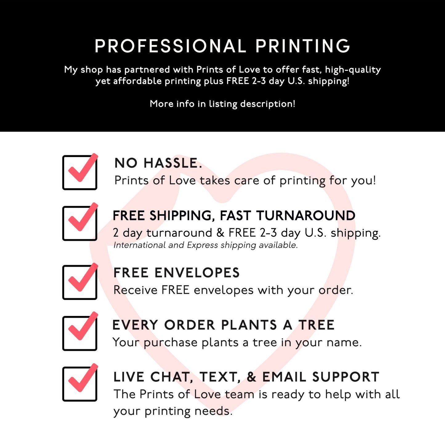 Promotional text about professional printing services with checkmarks and a heart symbol.