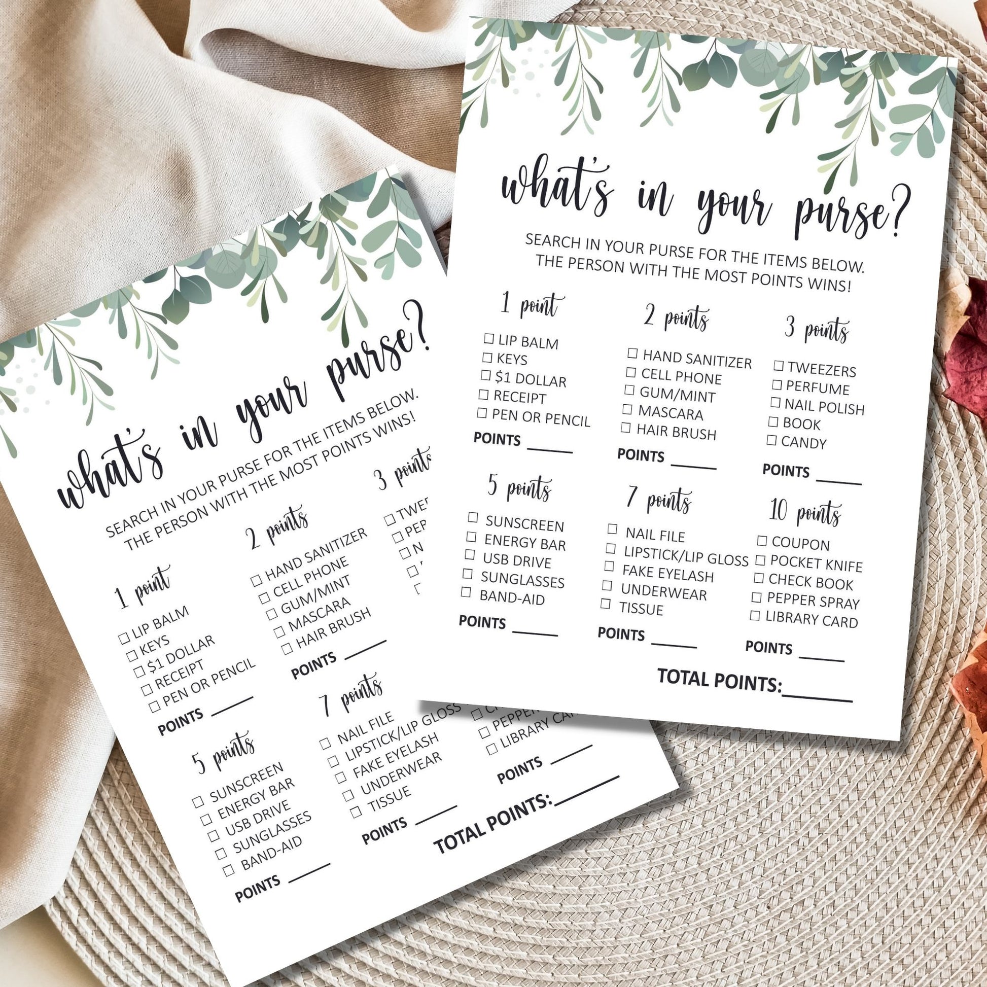 What's In Your Purse Bridal Shower Game Printable - Eucalyptus Theme