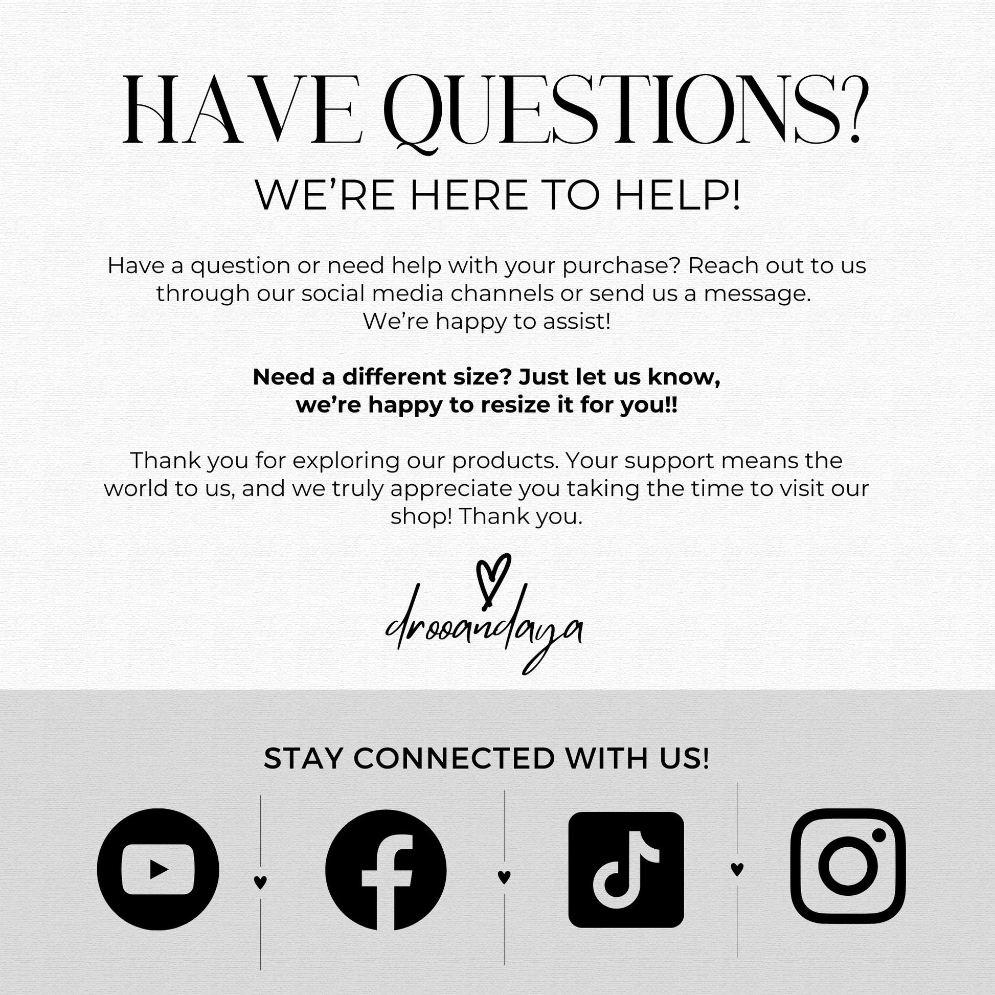 Customer service message with contact information and brand logo on a white background