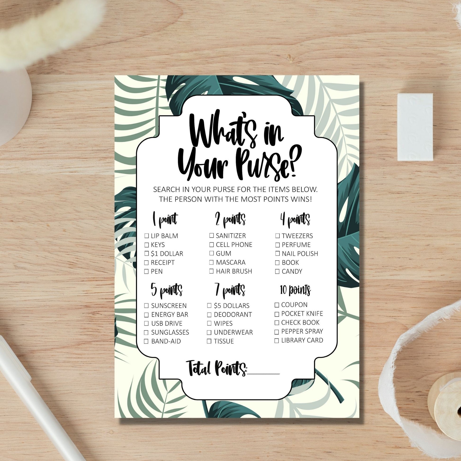 What's In Your Purse Bridal Shower Game Printable - Greenery