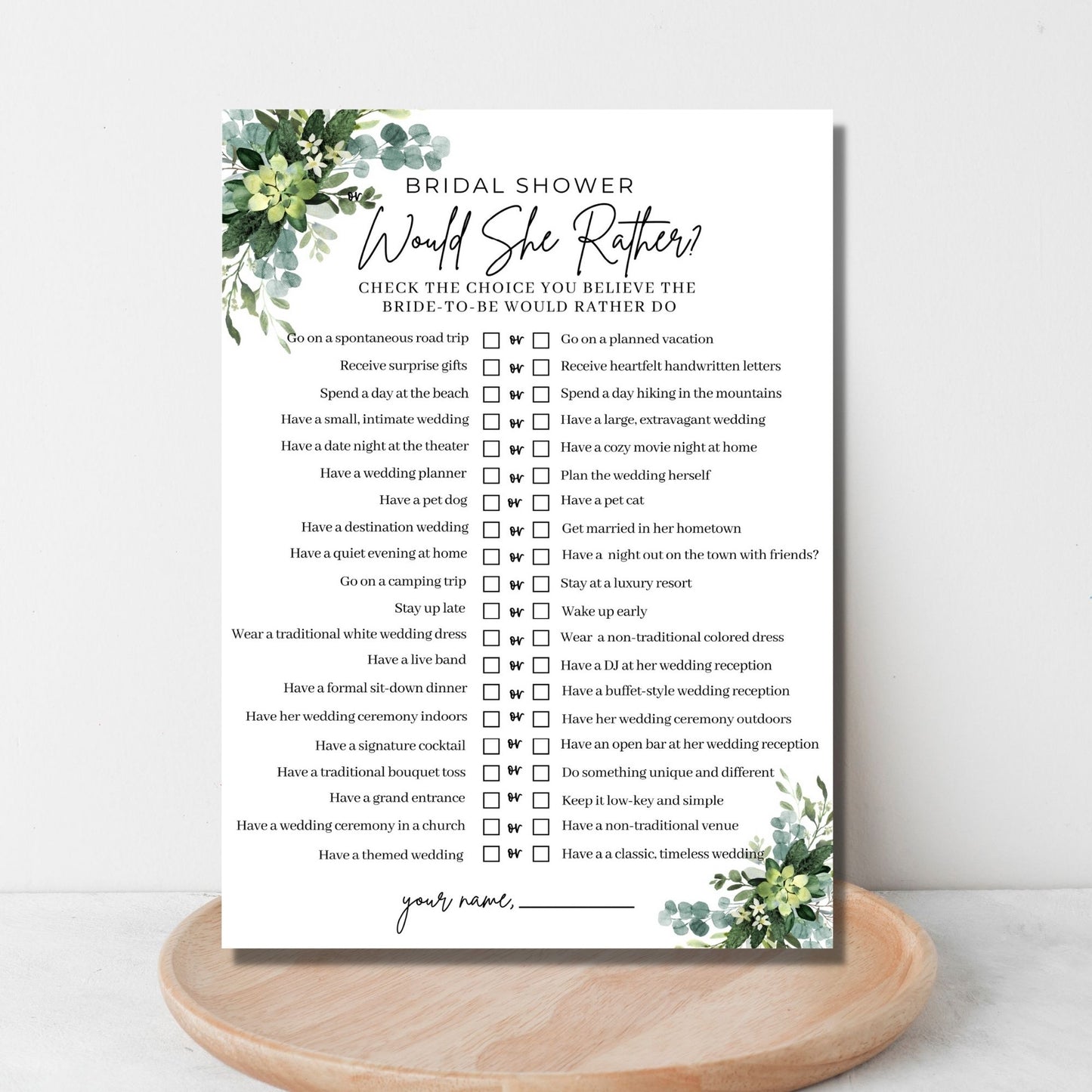 Would She Rather Bridal Shower Game Printable - Greenery