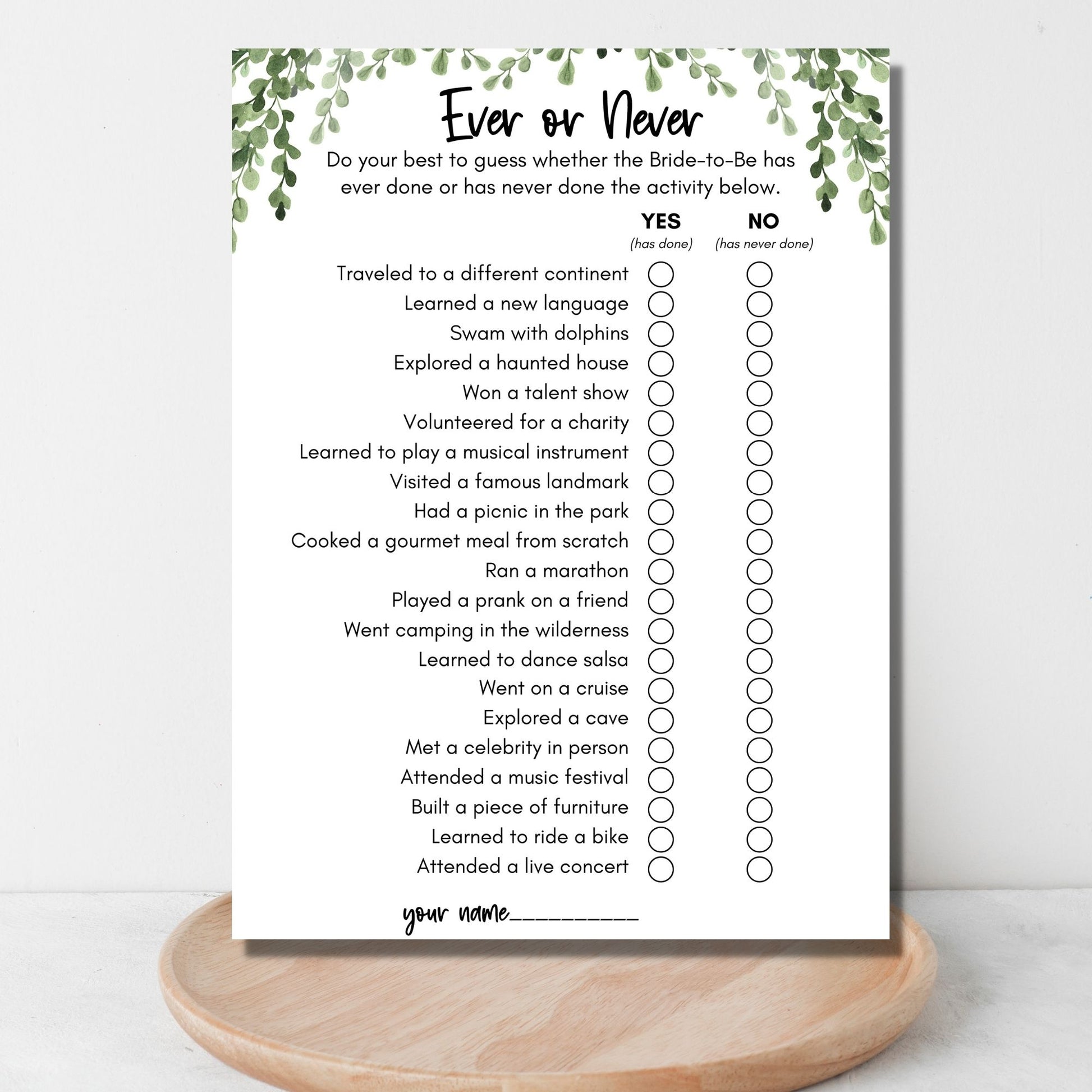 Ever or Never Bridal Shower Game - Greenery