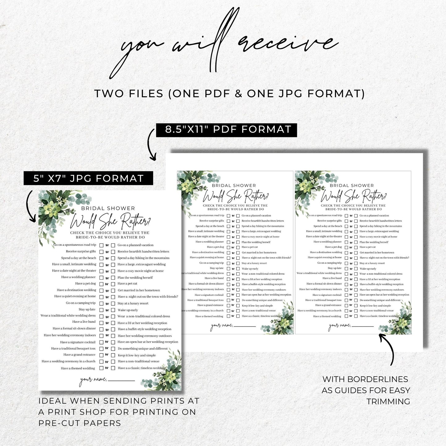 Would She Rather Bridal Shower Game Printable - Greenery