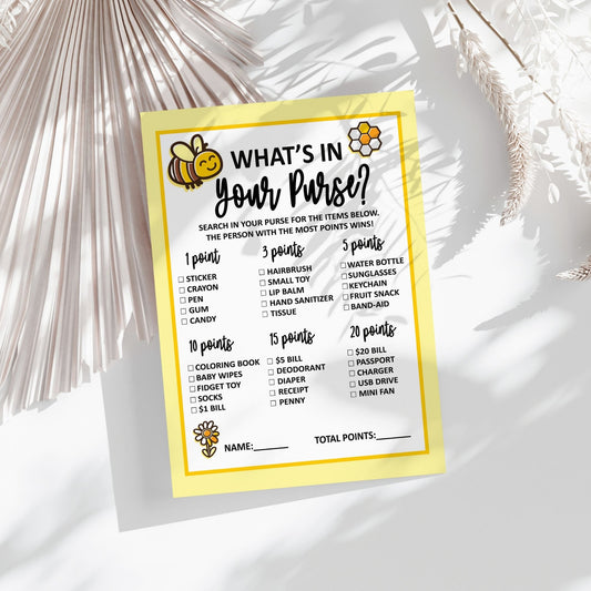 What's In Your Purse Baby Shower Game, Bumblebee Themed Baby Shower Activity, Fun Printable Baby Shower Game, Instant Download for Baby Shower Party