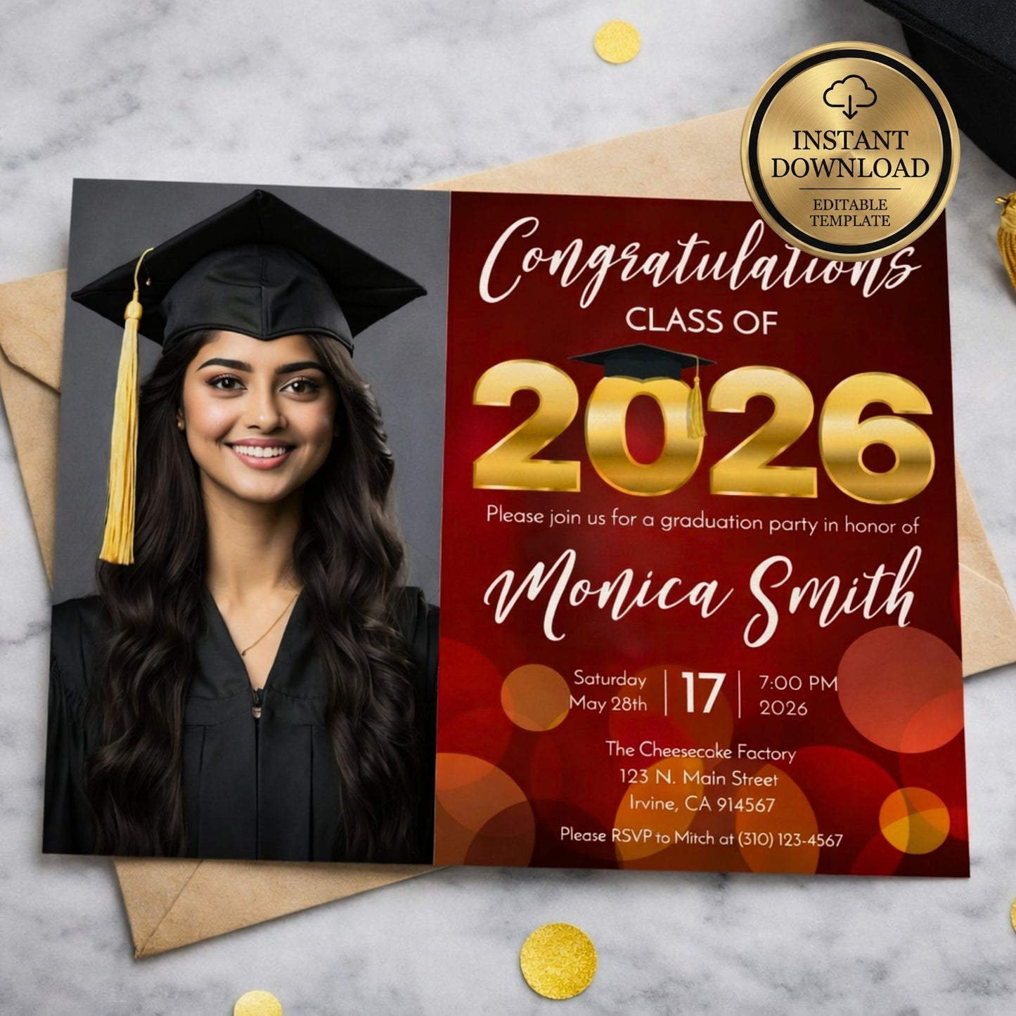 Graduation invitation with a photo of a graduate and details for a 2026 class celebration.