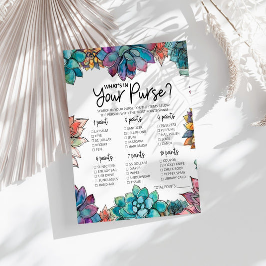 What's in Your Purse Game – Printable Baby Shower & Bridal Shower Game, Fun Party Activity, Floral Succulent Design, Instant Download