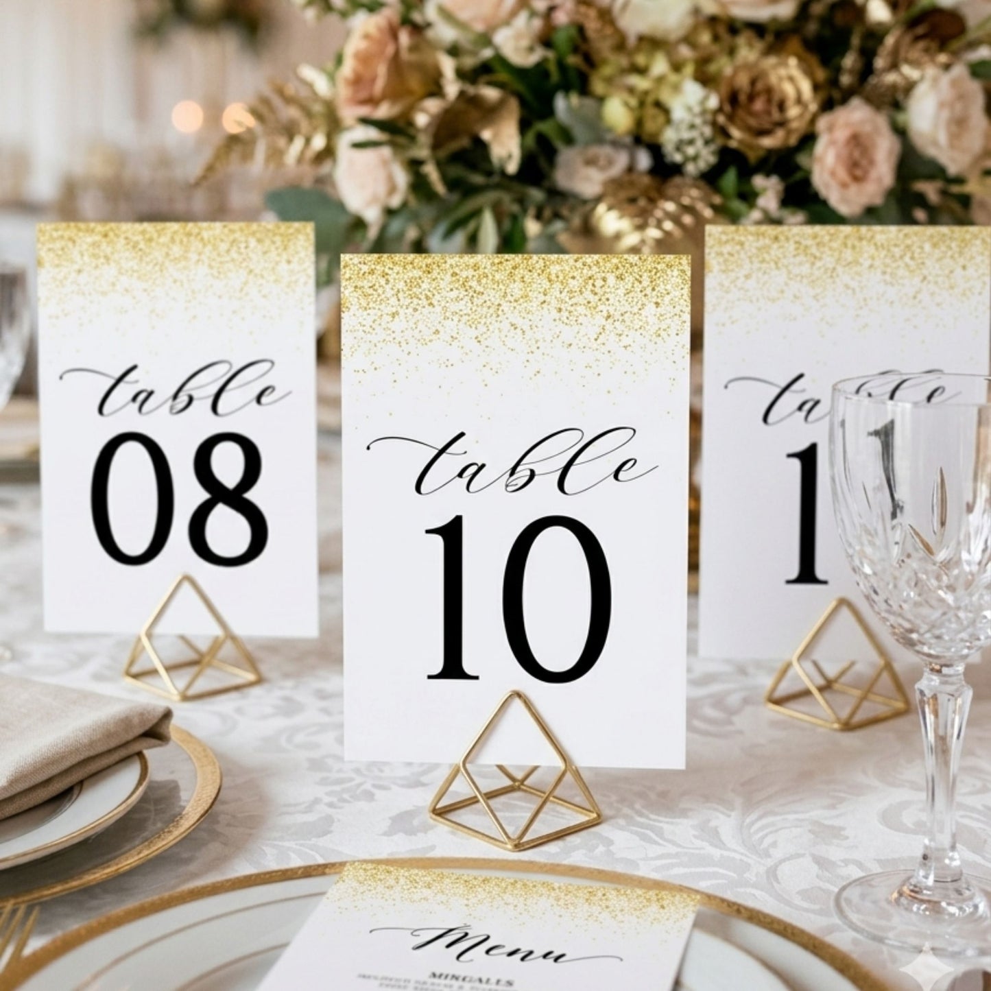 gold confetti wedding table numbers set, elegant table number cards with gold holders
