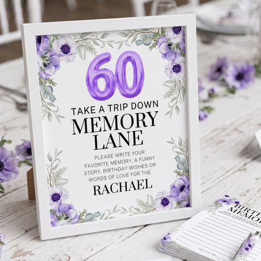 Purple Floral Memory Lane Sign & Birthday Memory Cards | Printed or Digital Download