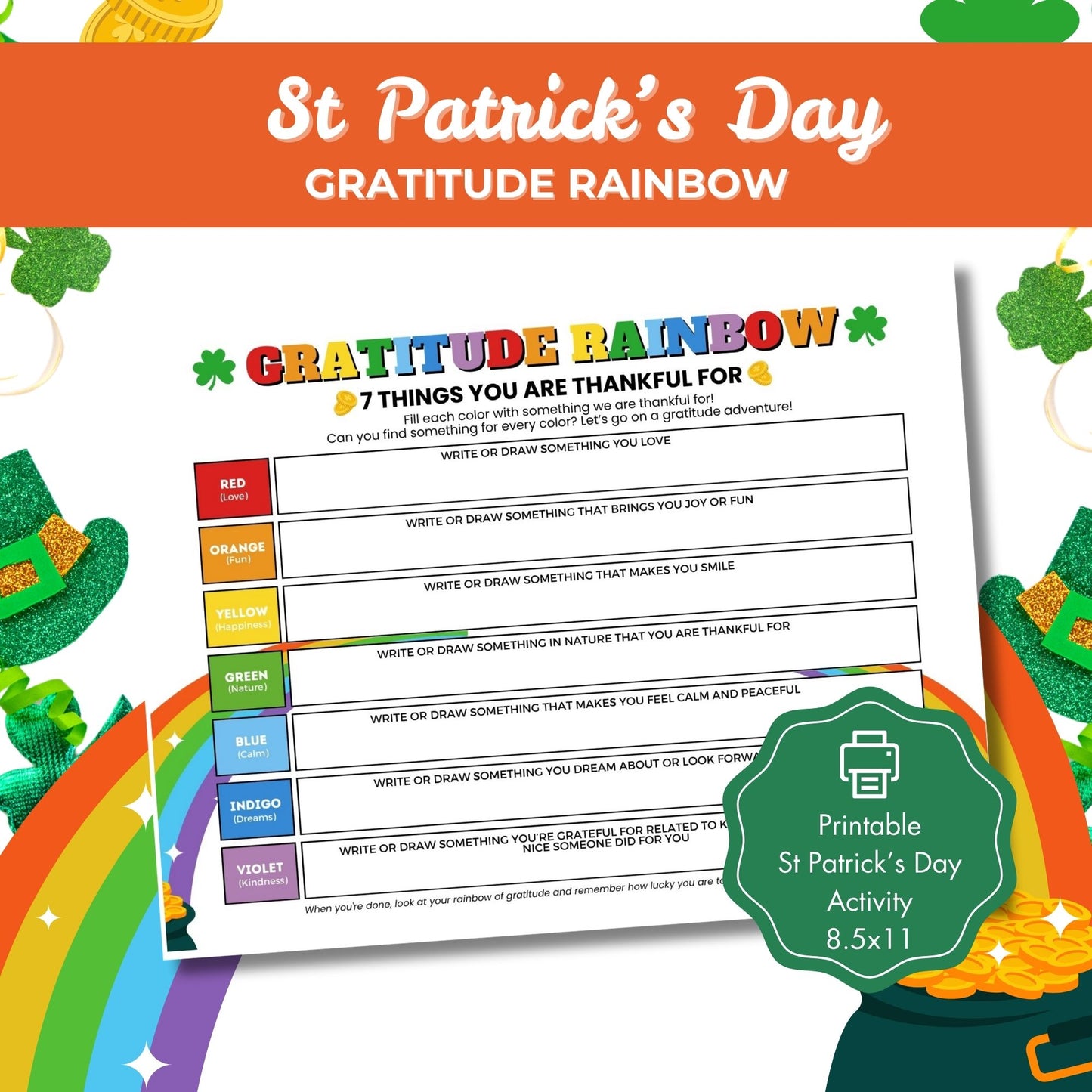 St. Patrick's Day Rainbow Gratitude Printable for Kids | 8.5x11 JPG & PDF | Fun Classroom Activity, Kids Learning, Holiday Fun