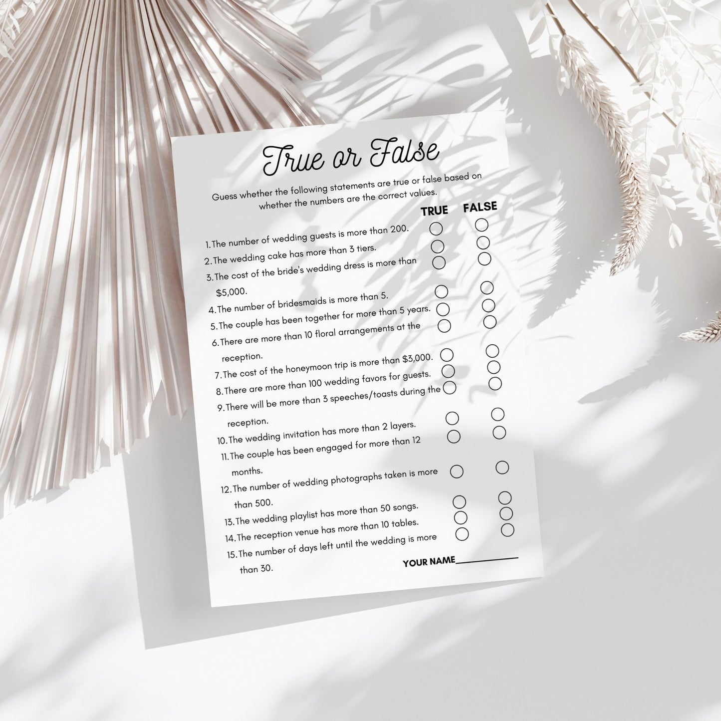 Bridal Shower Game, True or False Wedding Trivia, Fun Printable Bridal Shower Activity, Black and White Minimalist Design, Instant Download