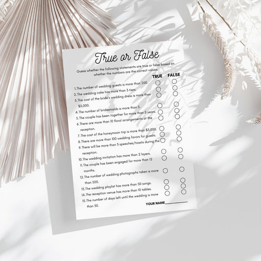 Bridal Shower Game, True or False Wedding Trivia, Fun Printable Bridal Shower Activity, Black and White Minimalist Design, Instant Download