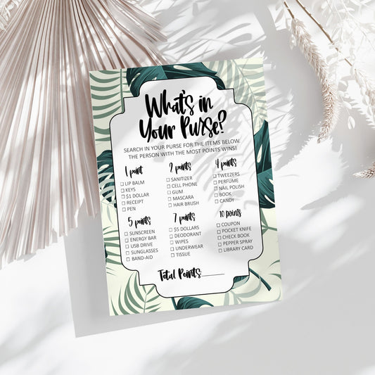 What's in Your Purse? Bridal Shower Game, Tropical Greenery Theme, Fun Party Activity, Printable Game for Guests, Instant Download