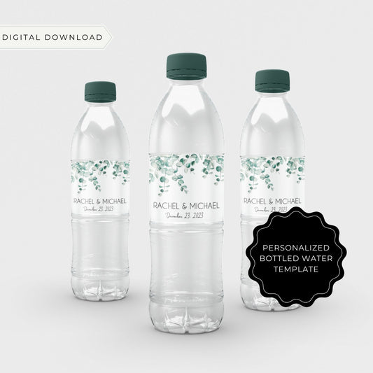 Wedding Bottled Water Label Template - Greenery