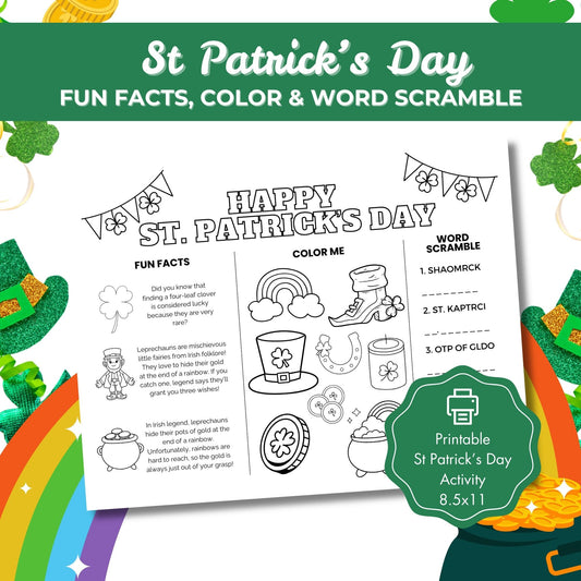 St. Patrick's Day Printable Activity  - Fun Facts, Color Me & Word Scramble | Instant Download | St Patrick's Day Classroom Activity 8.5x11