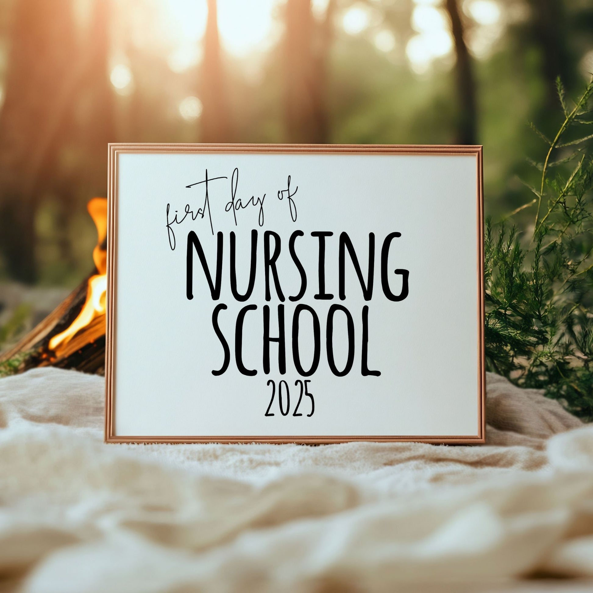 Minimalist black and white 'First Day of Nursing School 2025' sign, perfect for nursing students to commemorate their milestone with a modern back-to-school design