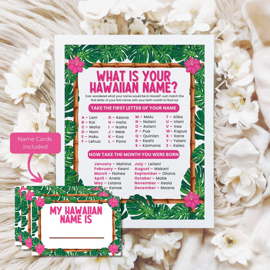 Hawaiian name card game with tropical design on a floral background