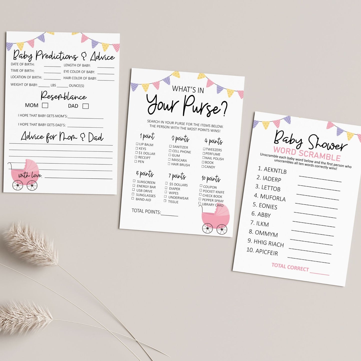 Baby Shower Games Bundle | Fun Printable Baby Shower Activities | Word Scramble, What's in Your Purse, Predictions & Advice | Instant Download