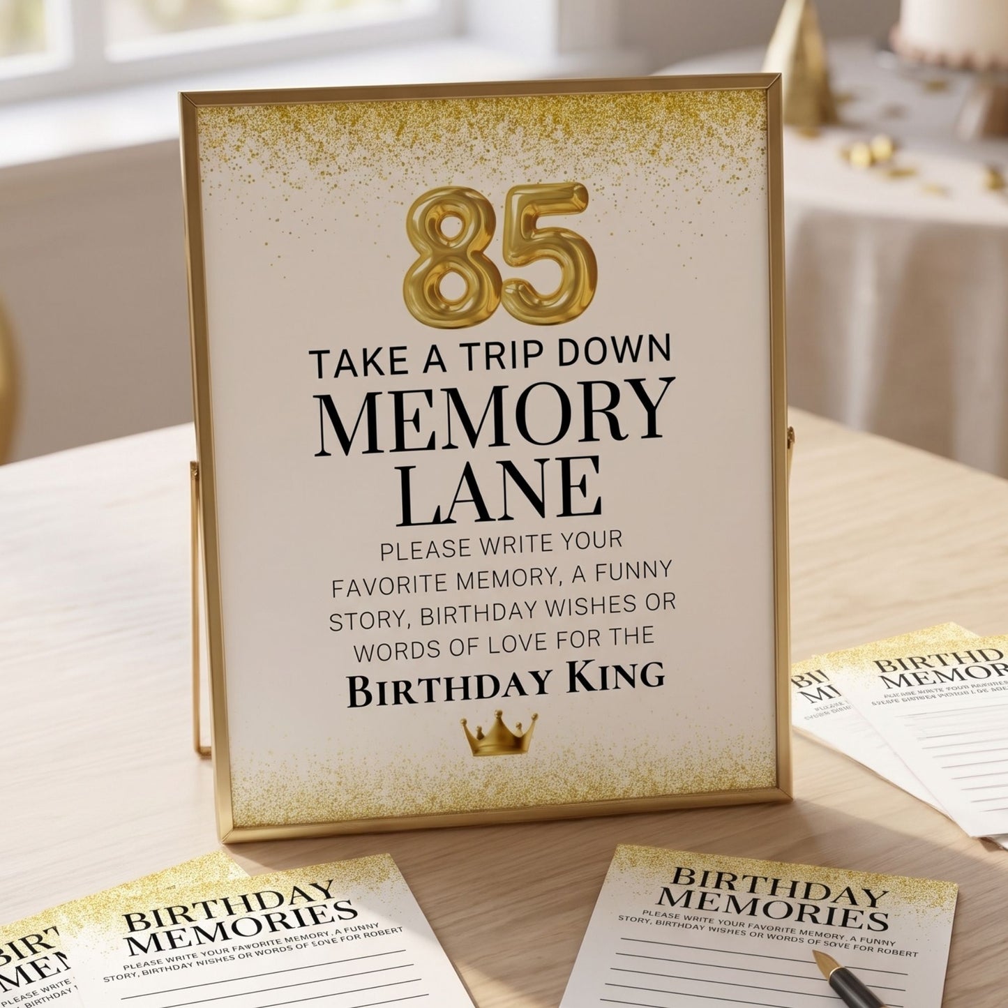 Framed sign for 85th birthday party with 'Take a Trip Down Memory Lane' text, on a table with memory cards.