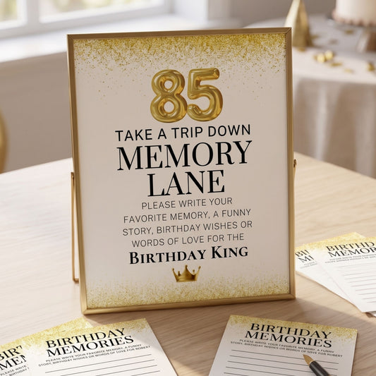 Framed sign for 85th birthday party with 'Take a Trip Down Memory Lane' text, on a table with memory cards.