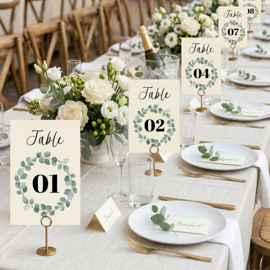 Decorative table setting with floral centerpieces, table numbers, and place cards.