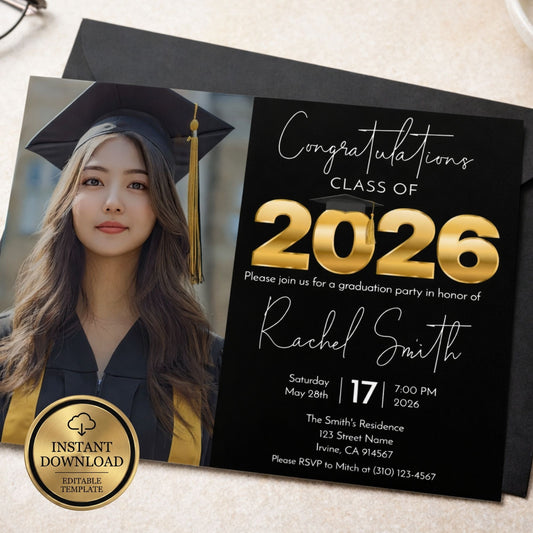 Black and gold graduation party invitation template for Class of 2026 featuring a graduate photo on the left and bold gold 2026 text on the right, editable instant download.