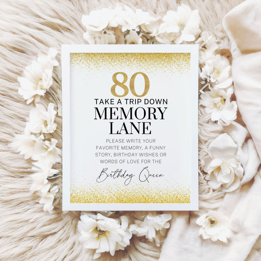 80th Birthday Memory Lane Sign Printable, Milestone Birthday Guest Book Alternative, Digital Download Party Keepsake for Women & Men