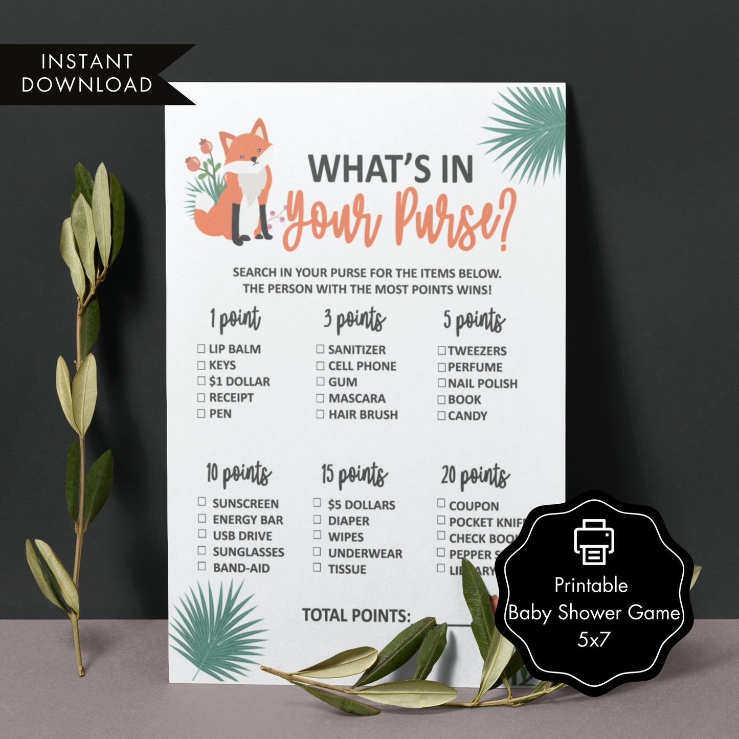 What's In Your Purse Baby Shower Game Printable - Fox Theme