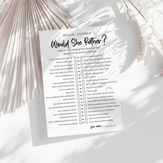 Bridal Shower Would She Rather Game | Fun Printable Wedding Shower Activity | Bridal Party Icebreaker | Instant Download