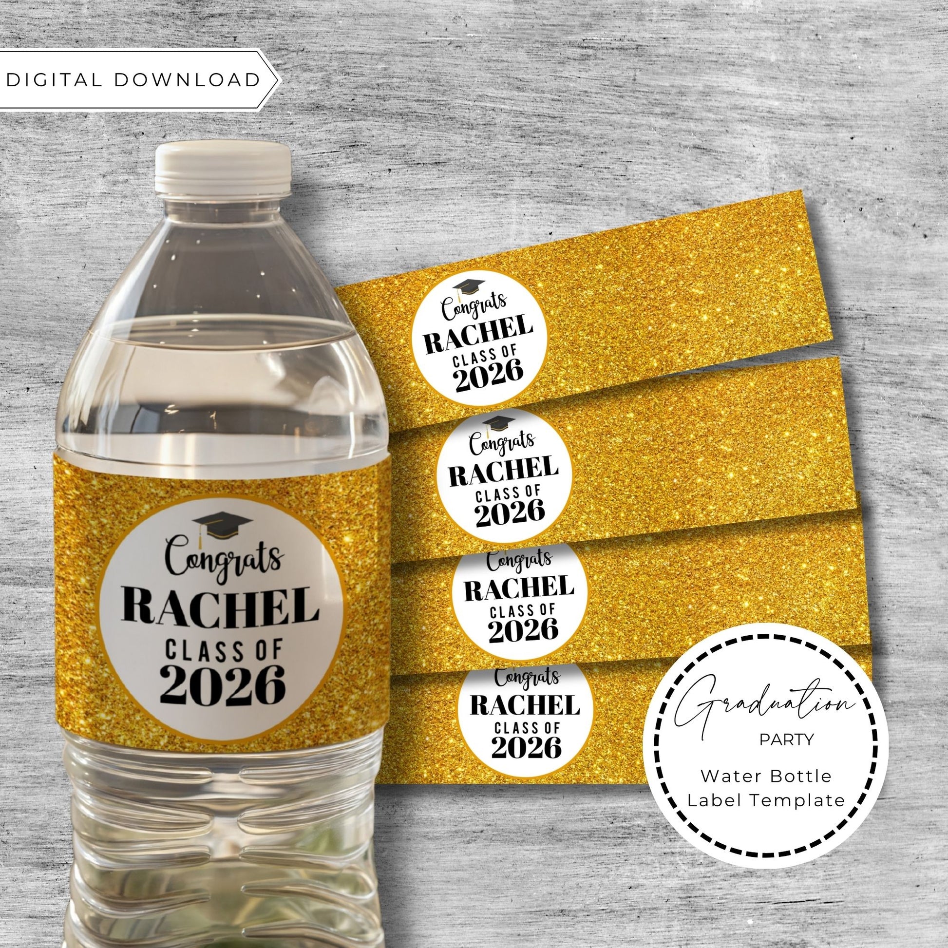 Graduation-themed water bottle labels with gold glitter design on a water bottle and additional labels.
