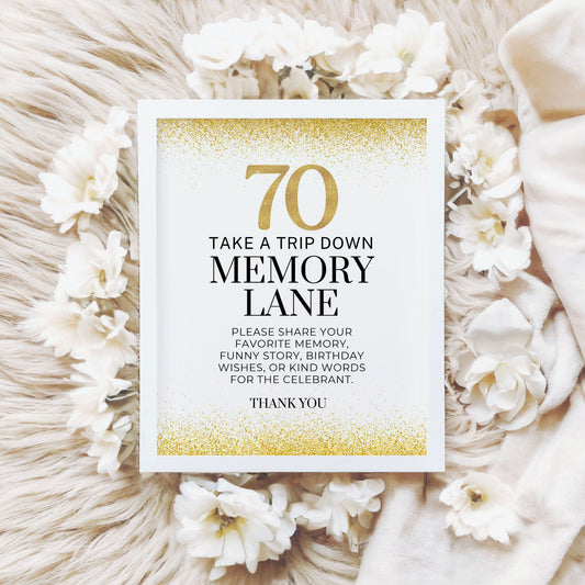 Gold glitter 70th milestone sign printable, includes trim‑lined 8x10 JPG + 8.5x11 PDF/JPG bundle