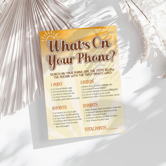 What's on Your Phone Game – Printable Baby Shower & Bridal Shower Activity, Fun Party Game, Sunburst Design, Instant Download, Baby Shower Games, Party Printables