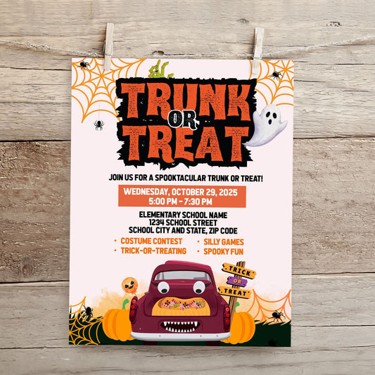 Editable Trunk or Treat Poster, Halloween Event Flyer 8.5x11, Printable Church Fall Festival Sign, Corjl Template Instant Download