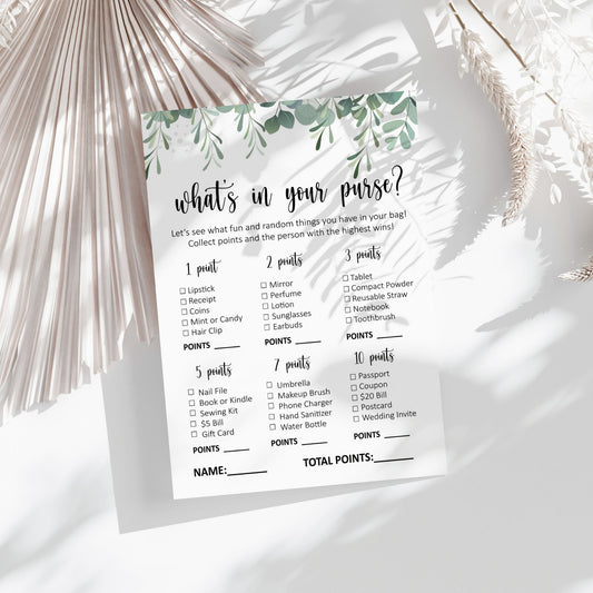 What's in Your Purse Bridal Shower Game | Fun Greenery-Themed Party Activity | Printable Instant Download | Interactive Game for Guests