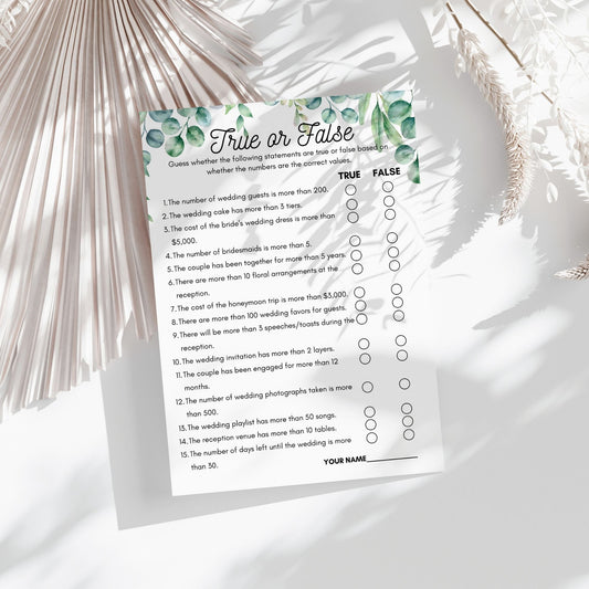 True or False Bridal Shower Game | Fun Wedding Trivia Activity | Floral Greenery Design | Printable Instant Download