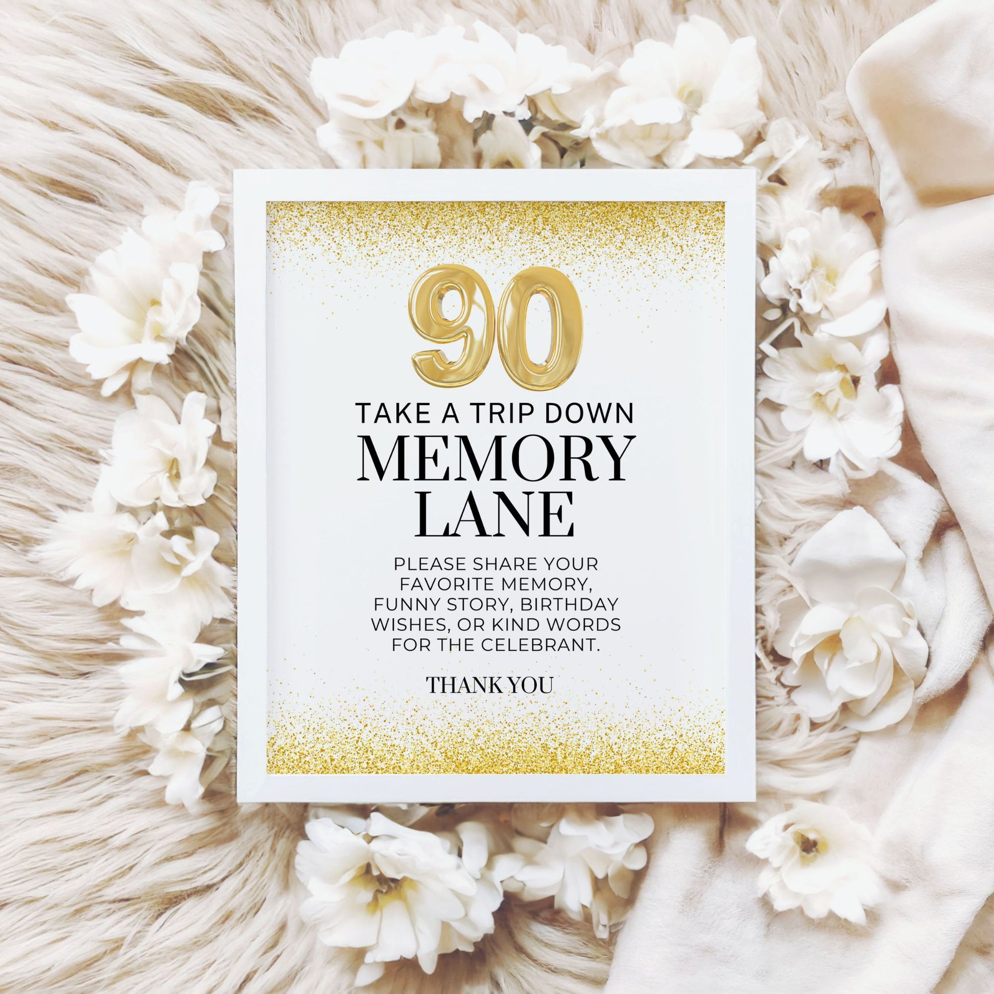 Gold glitter 90th birthday memory lane sign printable in 8x10 and 8.5x11 formats, instant download guest book alternative